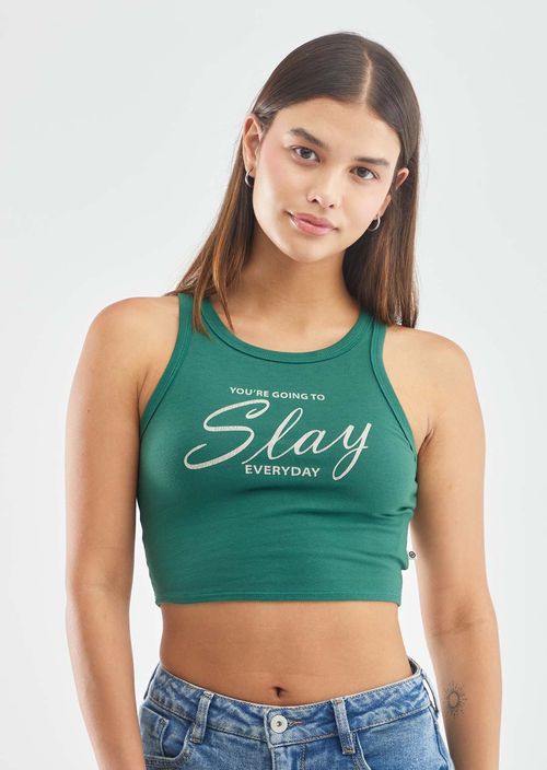 Camiseta crop verde con frente estampado para adolescentes
