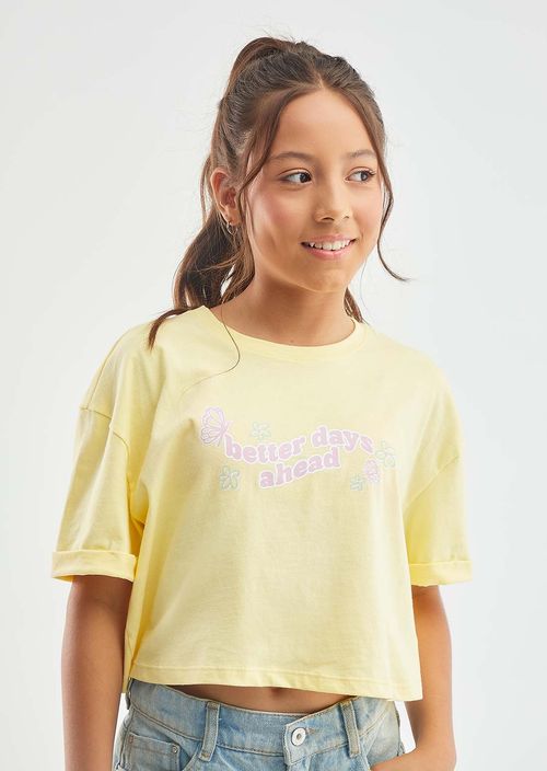 Camiseta crop amarilla estampada para niñas