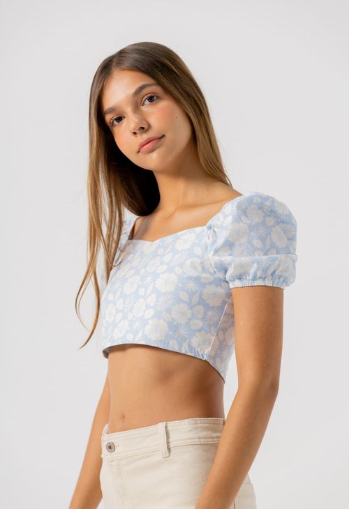 Blusa azul claro manga bombacha para adolescentes