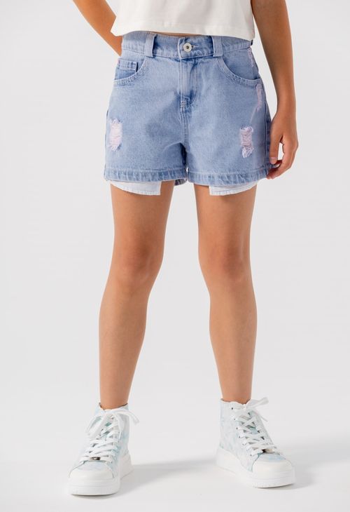 Short lavado claro y tiro medio para niñas