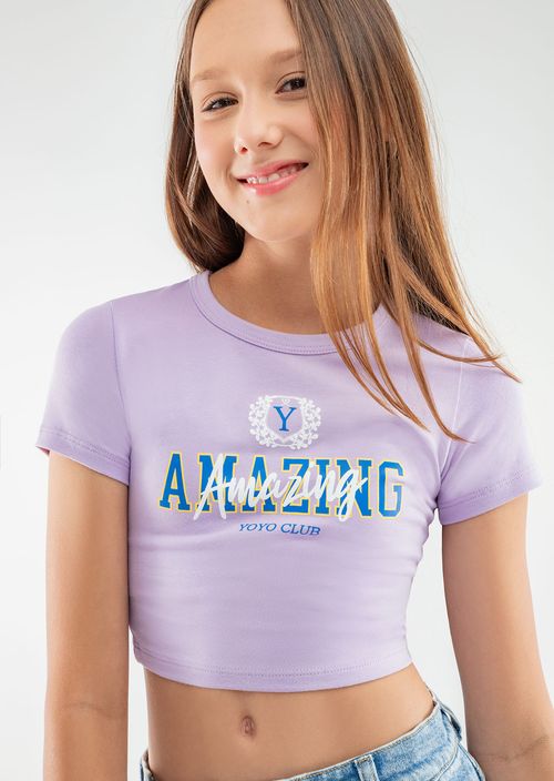 Camiseta lila claro, manga corta y estampada para jóvenes