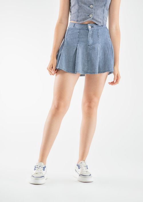 Falda azul medio preteñida a rayas para jóvenes