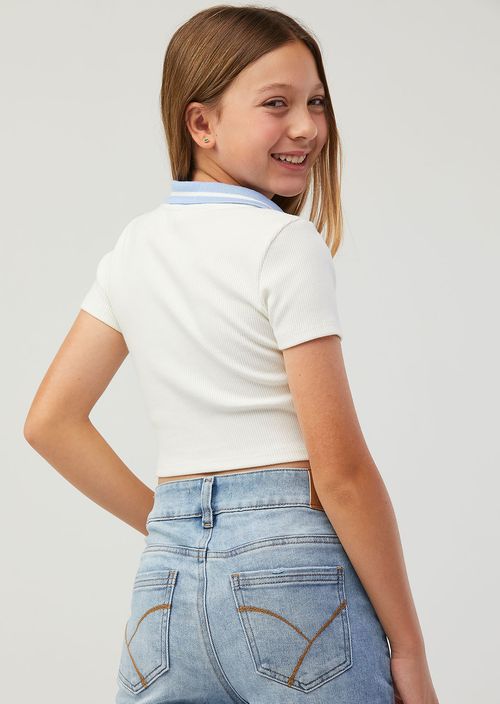 Camiseta marfil con cuello tejido para niñas