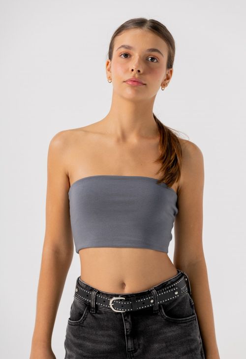 Camiseta strapless gris oscura y silueta ajustada para jóvenes