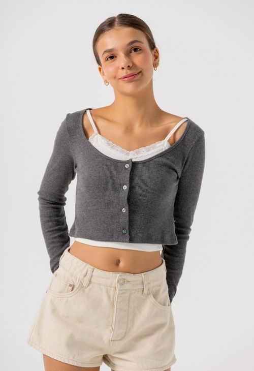 Camiseta gris oscura doble prenda para jóvenes