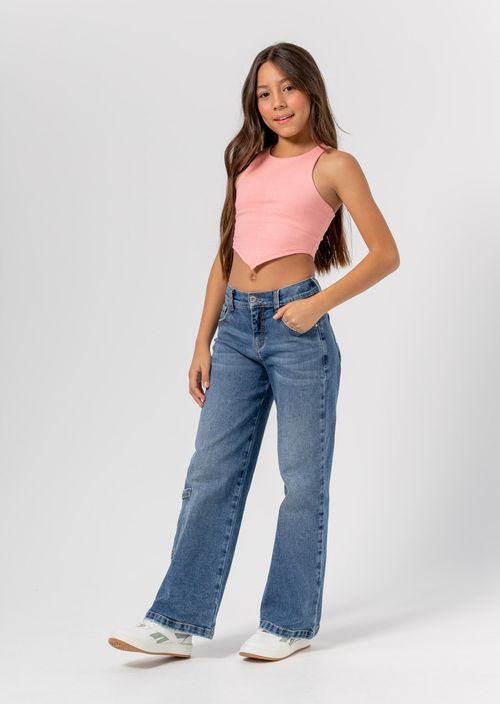 Jean retromom medio oscuro con bolsillos para niñas