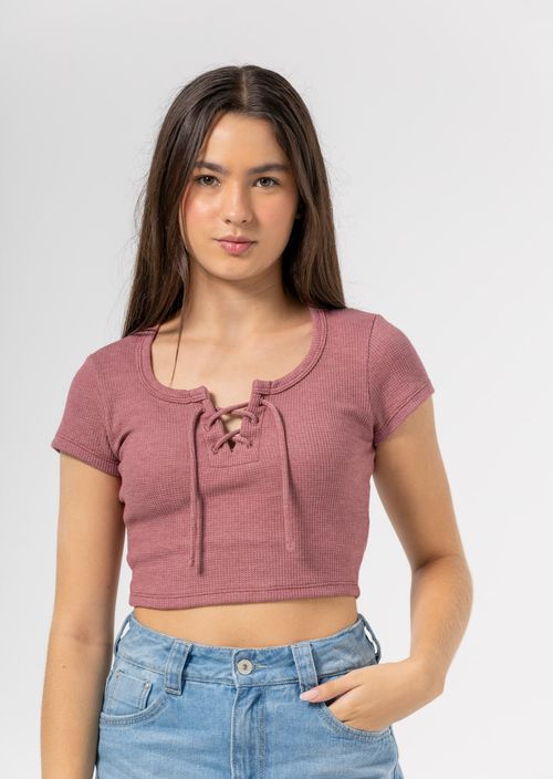 Camiseta ciruela con lace up en escote para jóvenes