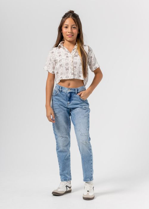 Jean mom jean azul medio y tiro alto para niñas