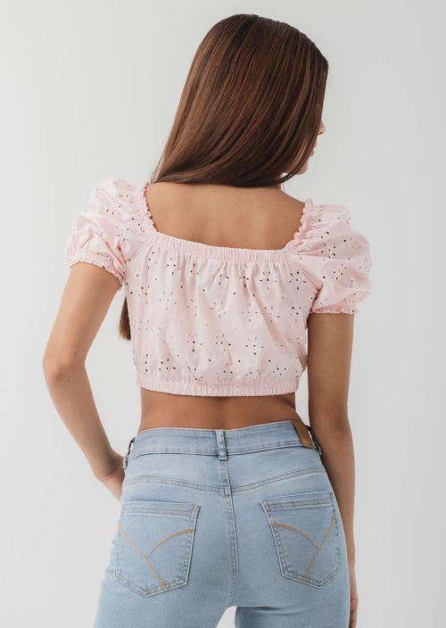 Blusa palo de rosa manga bombacha en ojalillo para jóvenes