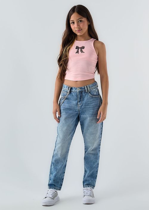 Jean mom jean medio con relojera para niñas