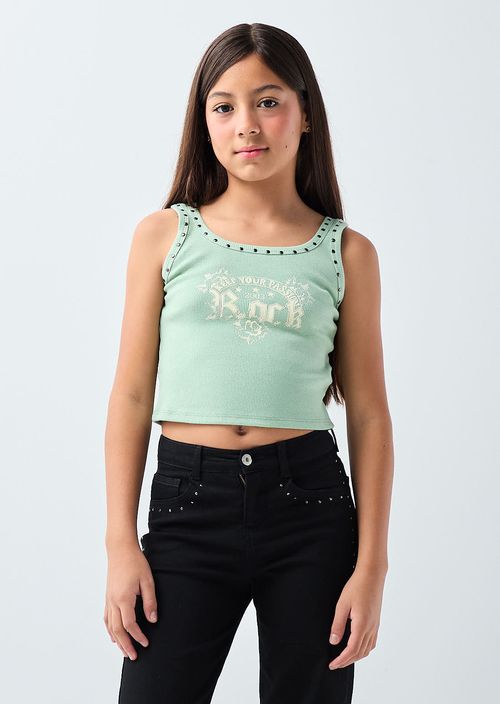 Camiseta menta con taches en escote para niñas