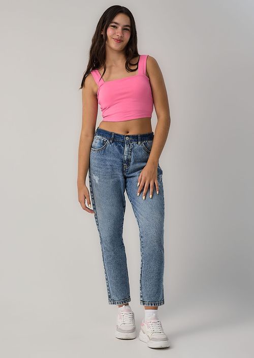 Jean mom jean medio con bota tubo para adolescentes