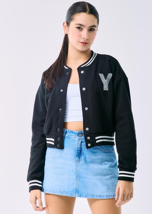 Chaqueta bomber negra con apliques para adolescentes