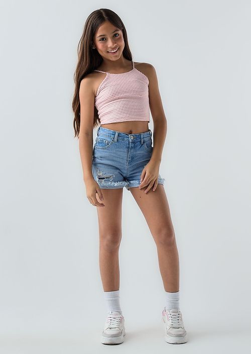 Short con guardapolvo lavado claro para niñas
