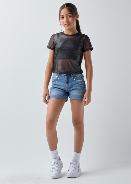 Short lavado medio con aplique para niñas