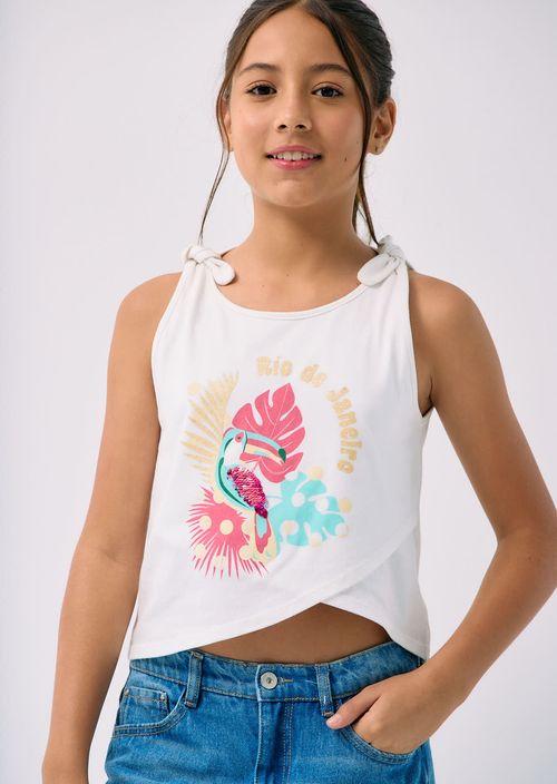 Camiseta marfil con nudos en hombros para niñas