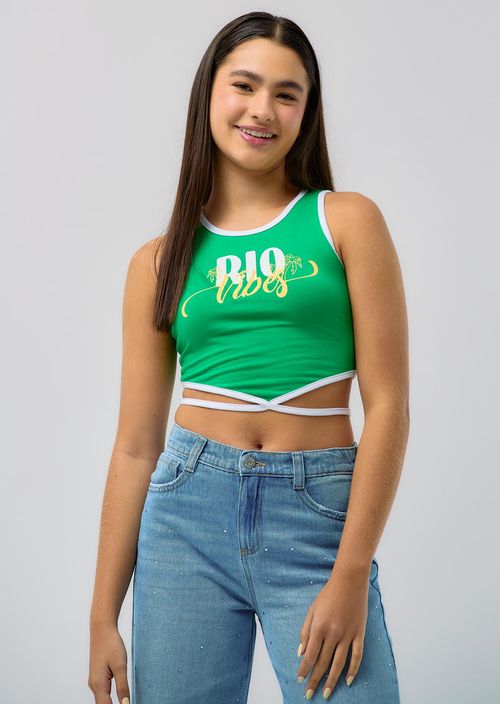 Camiseta verde con sesgos para anudar para jóvenes