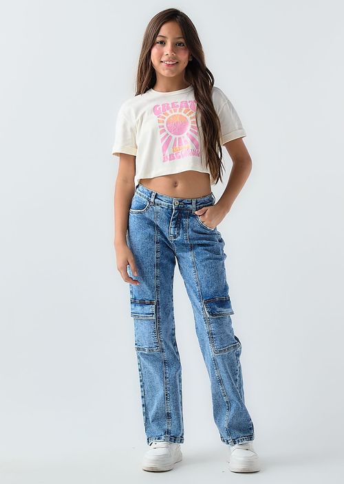 Jean cargo medio bolsillos en costados para niñas