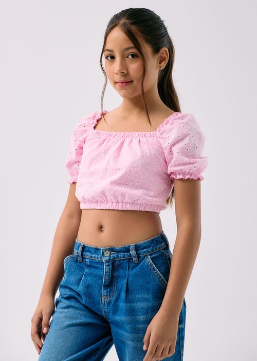 Blusa rosa pastel en ojalillo para niñas