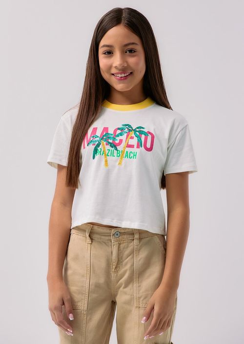 Camiseta marfil rectilíneo en cuello para niñas