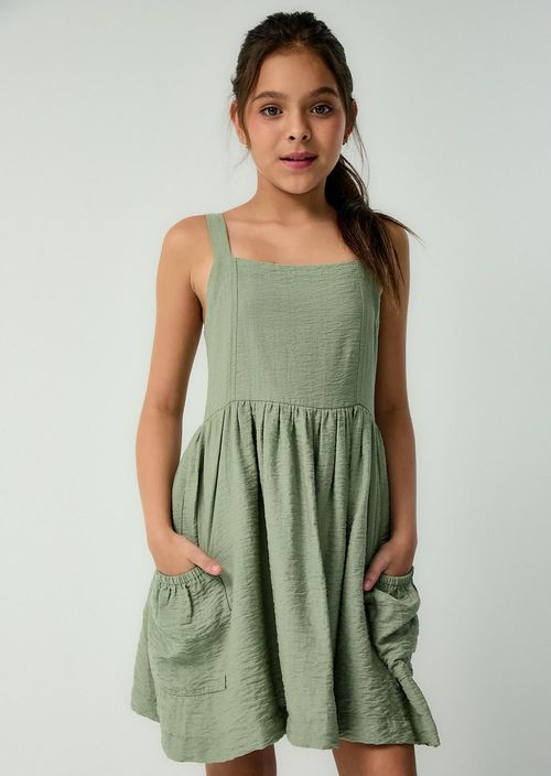 Vestido verde militar con bolsillos para niñas