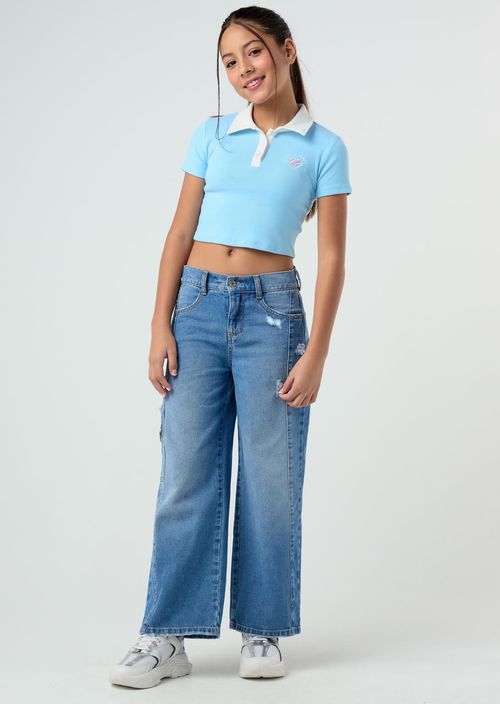 Jean cargo medio oscuro con bolsillos para niñas